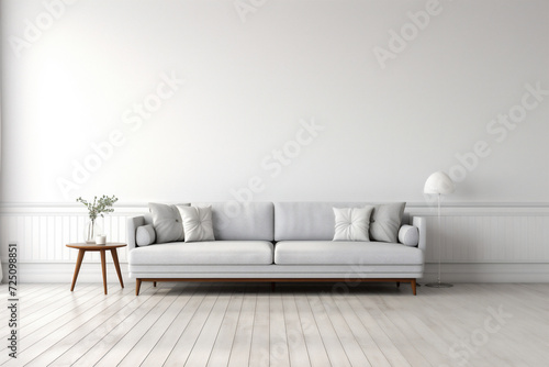 Free photo gray sofa in white living room interior with copy space 3d rendering