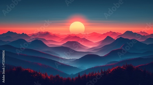  a painting of a mountain range with the sun rising over the mountains in the distance with trees in the foreground.