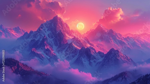  a sunset view of a mountain range with clouds and a full moon in the sky with a pink and purple hue.
