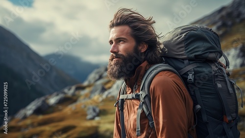 side view portrait of a tramp tourist male loner shaggy with a beard and a backpack in a warm jacket with extreme equipment. adventure man explorer on the mountain in bad weather in autumn. journey photo