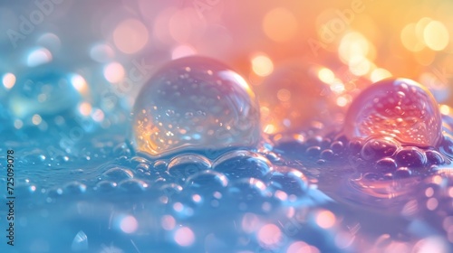  a close up of a bunch of bubbles on a blue surface with a pink and yellow light in the background. photo