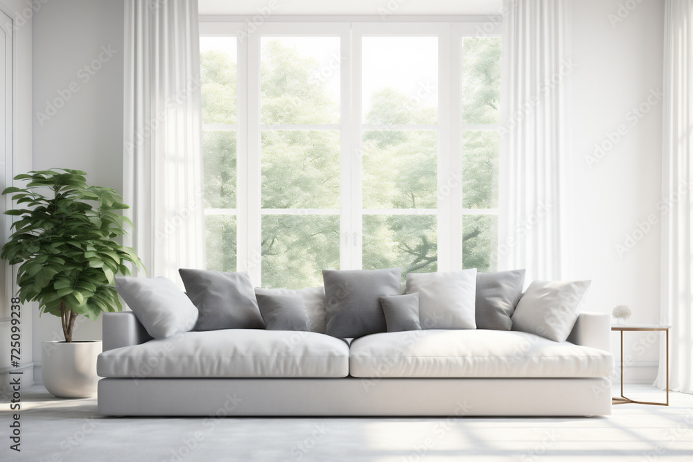 Modern living room with grey sofa and large white window green plant Modern living room with grey sofa and large white window green plant