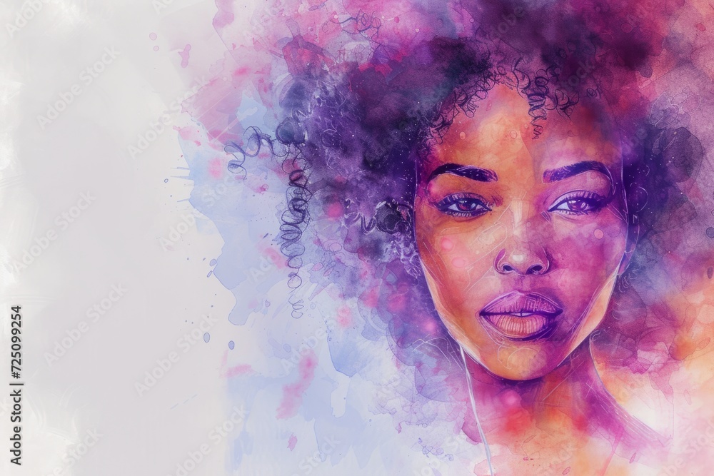Watercolor painting of African American woman looking forward with copy space Generative AI
