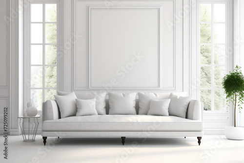 Modern living room interior with white sofa white pillows white windows