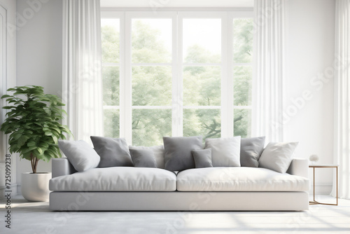 Modern living room with grey sofa and large white window green plant