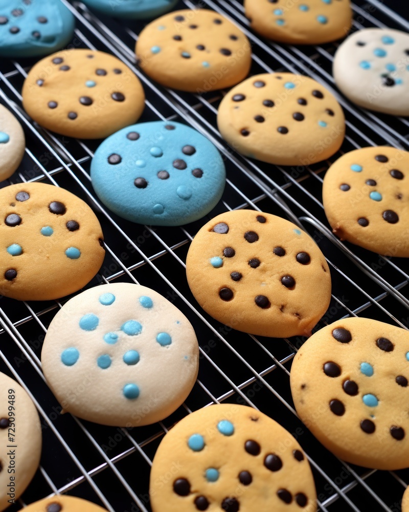  a close up of a rack of cookies on a cooling rack with blue and white cookies on top of it.