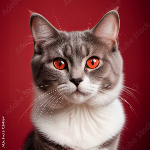 Eine graue Katze mit leuchtend orangefarbenen Augen vor einem tiefroten Hintergrund, elegant und ausdrucksstark, ideal als stilvolles Postkartenmotiv. Generative KI