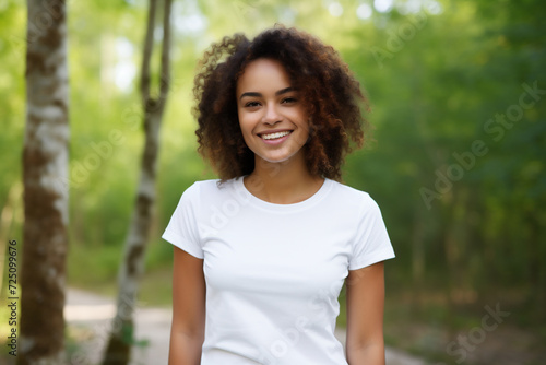 Photo of a lady wearing clean white T-shirt Mockup 
