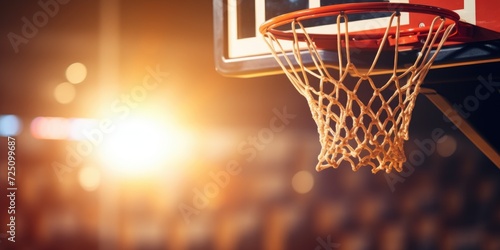 Basketball Hoop with Net Silhouetted by a Warm Light. Close-Up With Copy Space. Generative AI © sweet_mellow