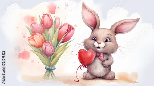 Adorable watercolor Bunny with Heart Balloon and Bouquet of Tulips Illustration.