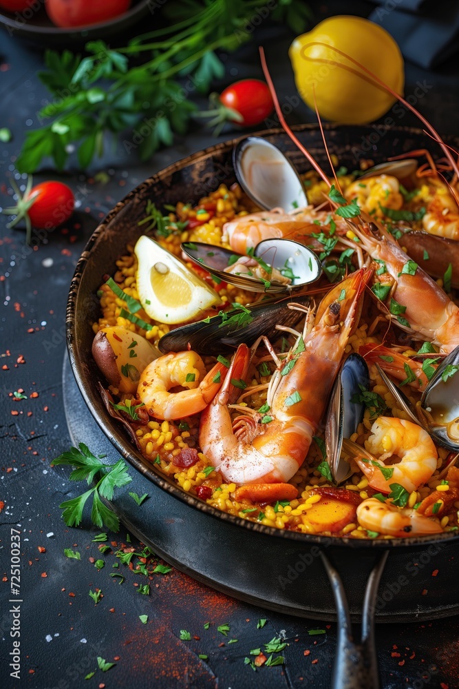 Tradicional Spanish paella with seafood. A dish of rice, shrimp, mussels and other sea creatures. Beautiful still life for restaurant poster Tradicional Spanish paella with seafood. A dish of rice, shrimp, mussels and other sea creatures. Beautiful still life for restaurant poster