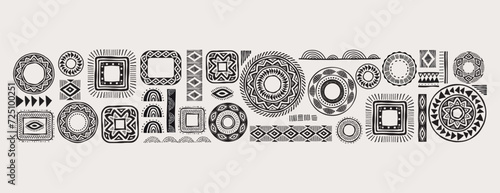 African pattern elements, symbols, icons. Black and white tribal, Aztec, African, Indian hand drawn lines, elements, circles. Concept illustrations collection