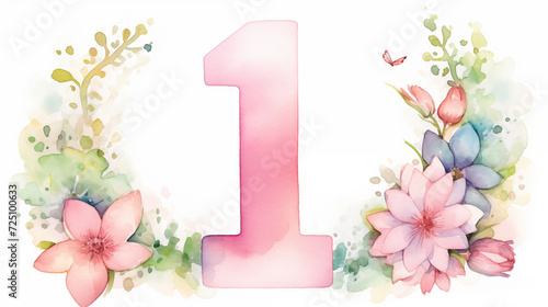 Fototapeta Naklejka Na Ścianę i Meble -  Number 1 one. Colorful watercolor aquarelle font type. Floral Alphabet. Botanic flower, leaf composition. Good for wedding, bridal, birthday, greeting, baby shower card, design element