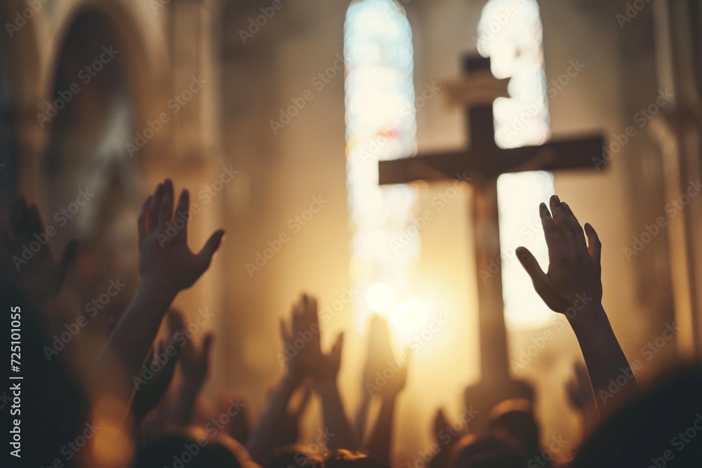 Good Friday, Easter, pray cross church Jesus Christ, spiritual, religious, sunlight, hope believe christian hands up, catholicism, banner copy space greeting card Bibles. - obrazy, fototapety, plakaty 