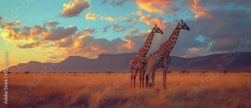 two giraffes standing in a field with mountains