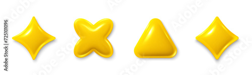 Set of yellow different 3d shapes. Stars, triangle glossy elements. Realistic 3d design cartoon style. Abstract objects for 3d design elements. Yellow golden star. Vector illustration photo