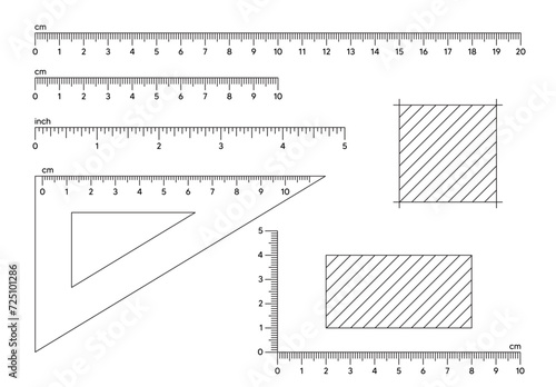Rulers inch and metric rulers. Measuring tool. Centimeters and inches measuring cm metrics indicator. Triangle ruler, square meter area. Measure distance tool in centimeters. Vector illustration