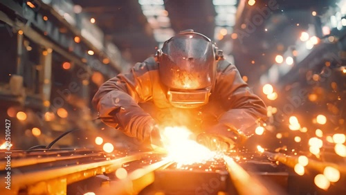 Proffessional welder at work. Handymen performing welding and grinding at their workplace in the workshop, while the sparks fly all around them, they wear a protective helmet and equipment. Sparkling  photo