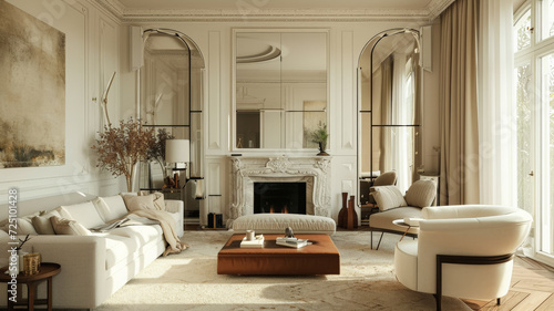 salón clásico en tonos blancos con gran chimenea en pared, mesa central, sofá, sillones, cuadro, cristalera y gran ventanal con cortinas photo