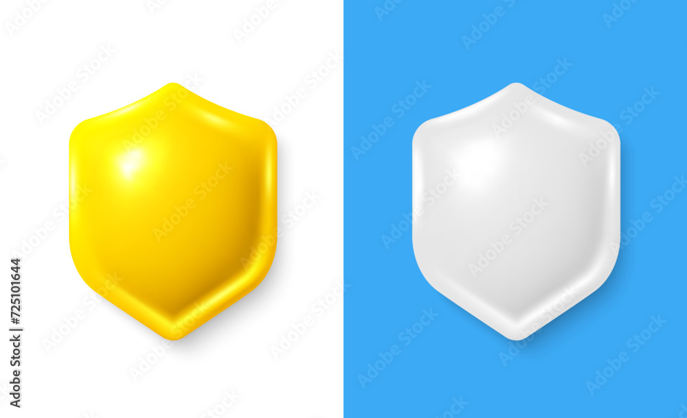 Shield 3d icon set. Yellow security shield symbol. Protection, safety defense, 3d secure. Guarantee safe, protect warranty, certified secure shield. Vector illustration Shield 3d icon set. Yellow security shield symbol. Protection, safety defense, 3d secure. Guarantee safe, protect warranty, certified secure shield. Vector illustration