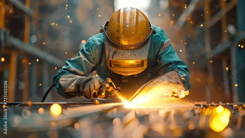 Proffessional welder at work. Handymen performing welding and grinding at their workplace in the workshop, while the sparks fly all around them, they wear a protective helmet and equipment. Sparkling Proffessional welder at work. Handymen performing welding and grinding at their workplace in the workshop, while the sparks fly all around them, they wear a protective helmet and equipment. Sparkling