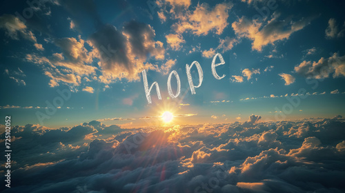 Message of Hope - Inspirational skywriting with the word 'hope' against the blue sky Gen AI