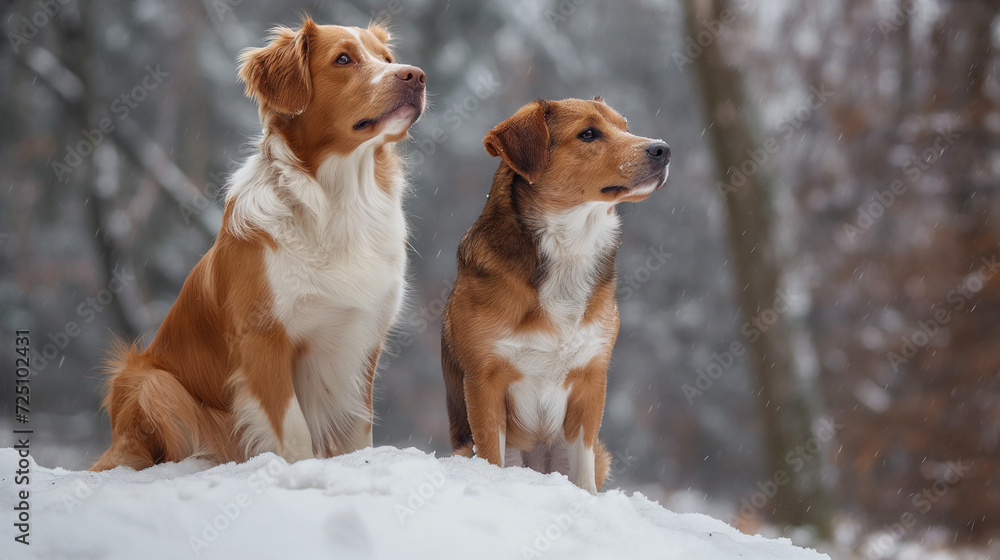 Two Brown and White Dogs Sitting in the Snow