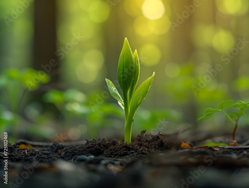 A young tender sprout makes its way out of the ground in the forest.