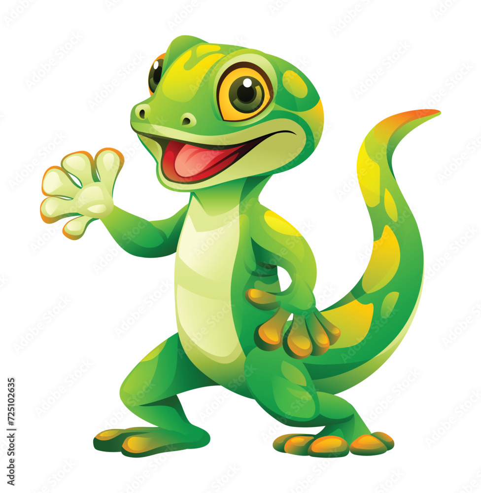 Naklejka premium Cute green gecko waving hand cartoon illustration. Lizard vector isolated on white background