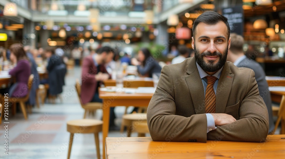 Smiling businessman sitting confidently in a bustling cafe Smiling businessman sitting confidently in a bustling cafe