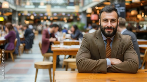 Smiling businessman sitting confidently in a bustling cafe