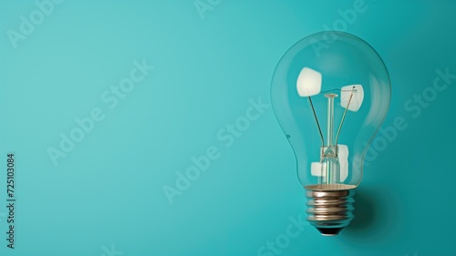 Single incandescent light bulb standing against a turquoise-colored background