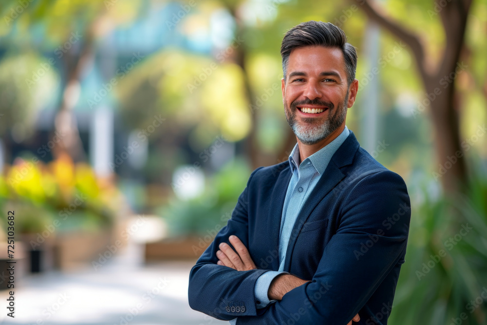 A confident businessman standing outdoors with his arms crossed, smiling warmly against a blurred natural backdrop. A confident businessman standing outdoors with his arms crossed, smiling warmly against a blurred natural backdrop.