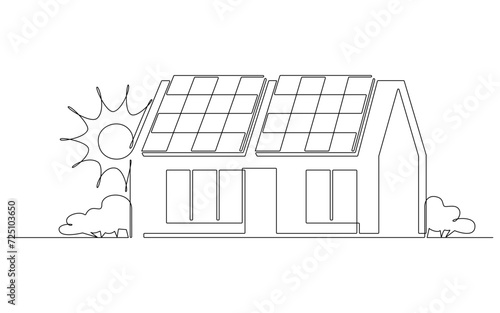 Sun, solar panel, house continuous one line icon drawing. Energy of sun with ecology home power station vector illustration in doodle style. Contour line sign for innovation, environment, renewable