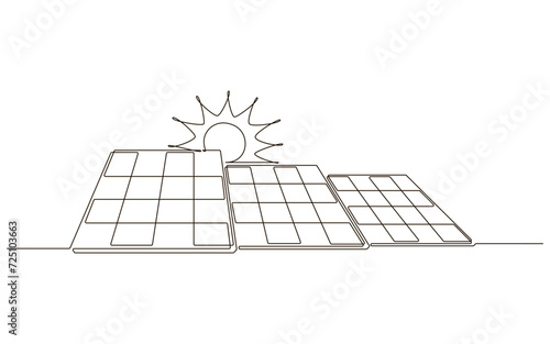Sun and solar panel continuous one line icon drawing. Energy of sun with ecology power station vector illustration in doodle style. Contour line sign for innovation, environment, renewable 