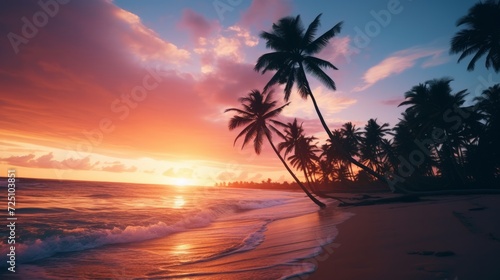 palm tree on the beach during sunset pink sky of beautiful a tropical beach. Neural network AI generated art