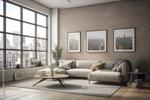 Gray living room corner with beige sofa  cityscape themed panoramic window  and horizontally framed poster on the wall. a mockup