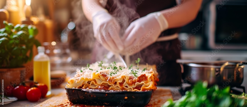 Cooking chef making Italian lasagna at home, wide angle, room for words. Cooking chef making Italian lasagna at home, wide angle, room for words.