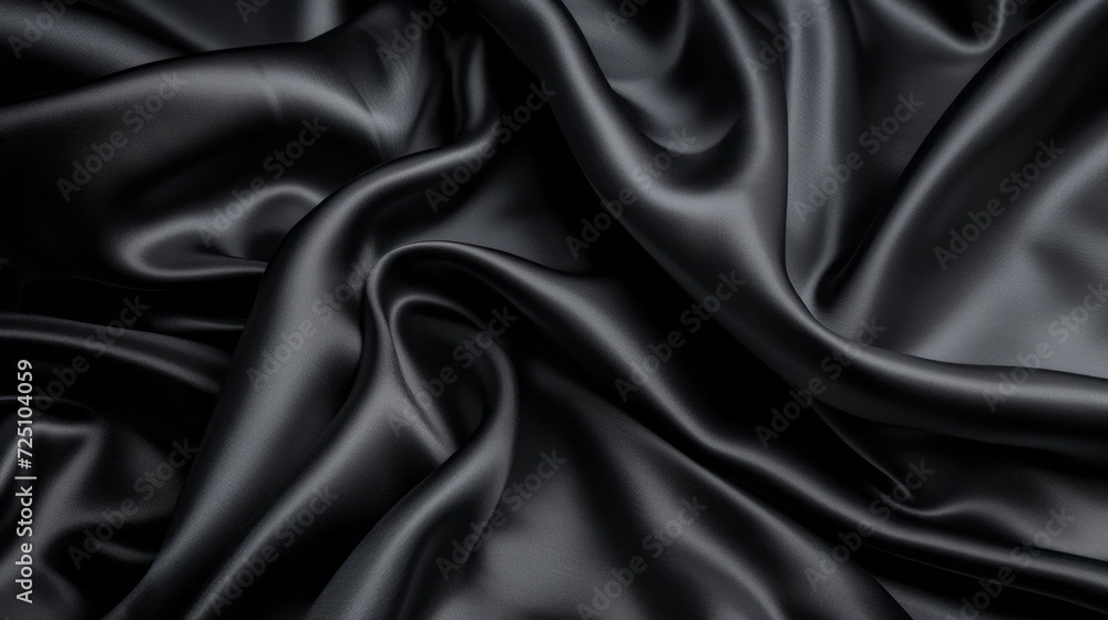 Black silk,black satin fabric texture background. Wavy folds of black satin cloth