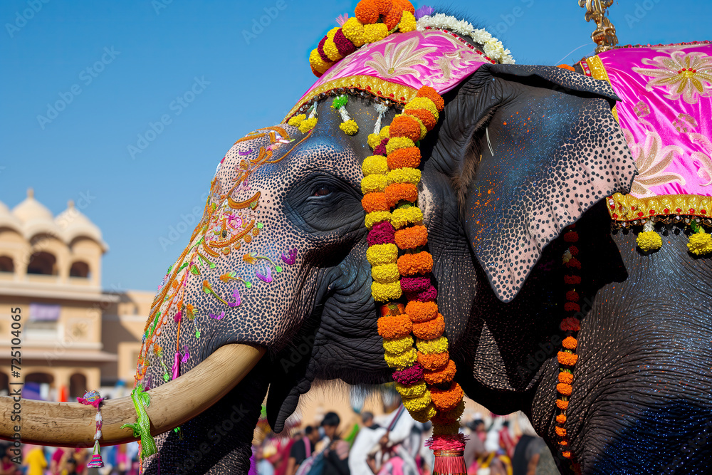 Obraz premium Decorated Elephant With Tusks in Front of a Crowd