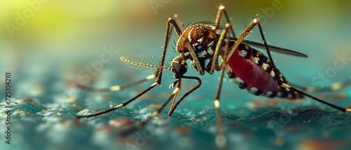 Zika Virus and Mosquito Interaction, the Zika virus on the surface of a mosquito's proboscis. macro photography to emphasize the details of both the virus and the mosquito. photo