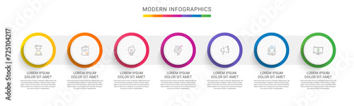 Modern infographics vector template. Cyclic infographic with seven circles. Timeline design template with 7 options, steps, and parts. Flat illustration for business. photo