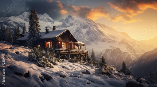 Cozy wooden house in the mountains in winter. Neural network AI generated art © mehaniq41