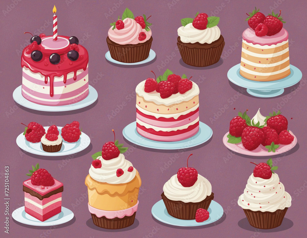 Birthday cake slice and mousse cakes sticker collection for a festive celebration Birthday cake slice and mousse cakes sticker collection for a festive celebration