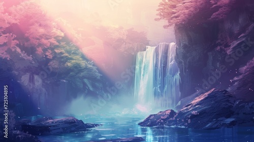 Beautiul anime-style illustration of a hidden waterfall