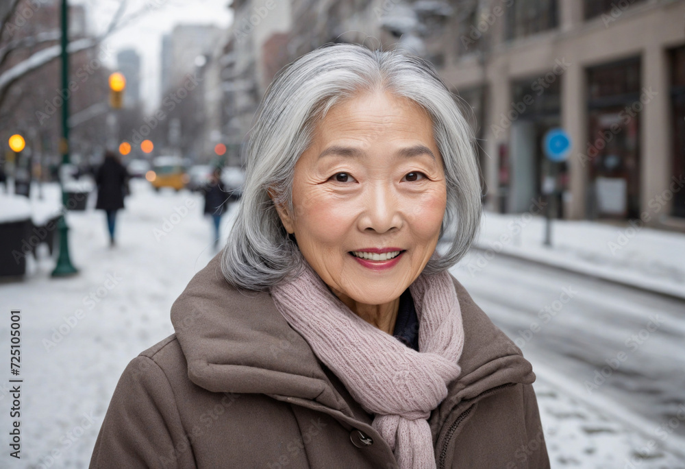 Elderly Asian woman's city life through fall and winter. Urban street portrait. Elderly Asian woman's city life through fall and winter. Urban street portrait.