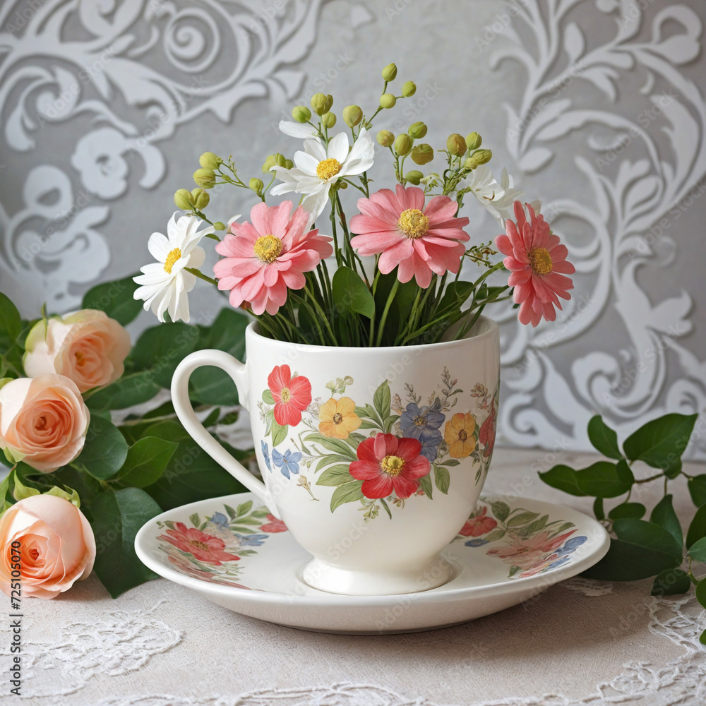 Vintage Floral Arrangement in Antique Ceramic Vase