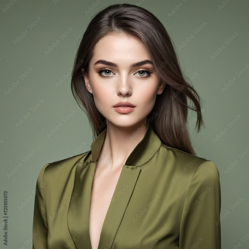 Stylish portrait of a fashionable young woman in olive green attire. Stylish portrait of a fashionable young woman in olive green attire.