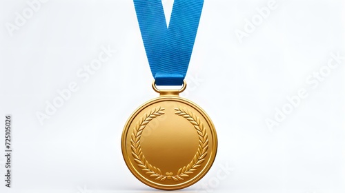 Gold medal with blue ribbon isolated on white background. photo