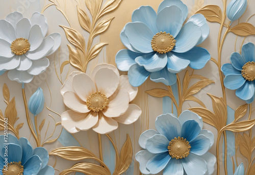 Abstract floral painting in gold and blue on soft background. © SR07XC3